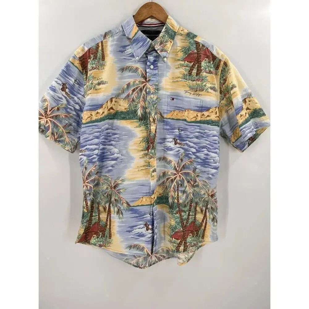 VINTAGE Tommy Hilfiger Men’s Palm Tree Hawaiian Button Front Short Sleeves LARGE